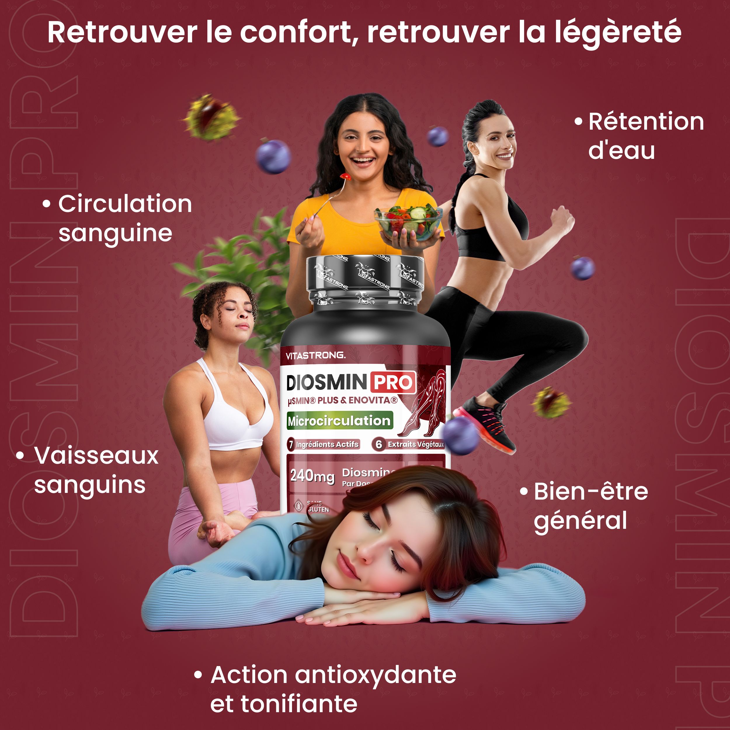 Vitastrong Diosmin PRO. Fles met tabletten. Vrouwen en tekst: Microcirculatie, bloedvaten, algemeen welzijn, antioxiderende werking.