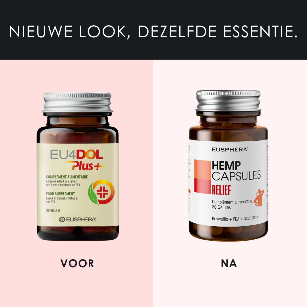 Vergelijking: EU4DOL Plus+ en HEMP CAPSULES RELIEF. Nieuwe look, dezelfde essentie. 30 capsules.