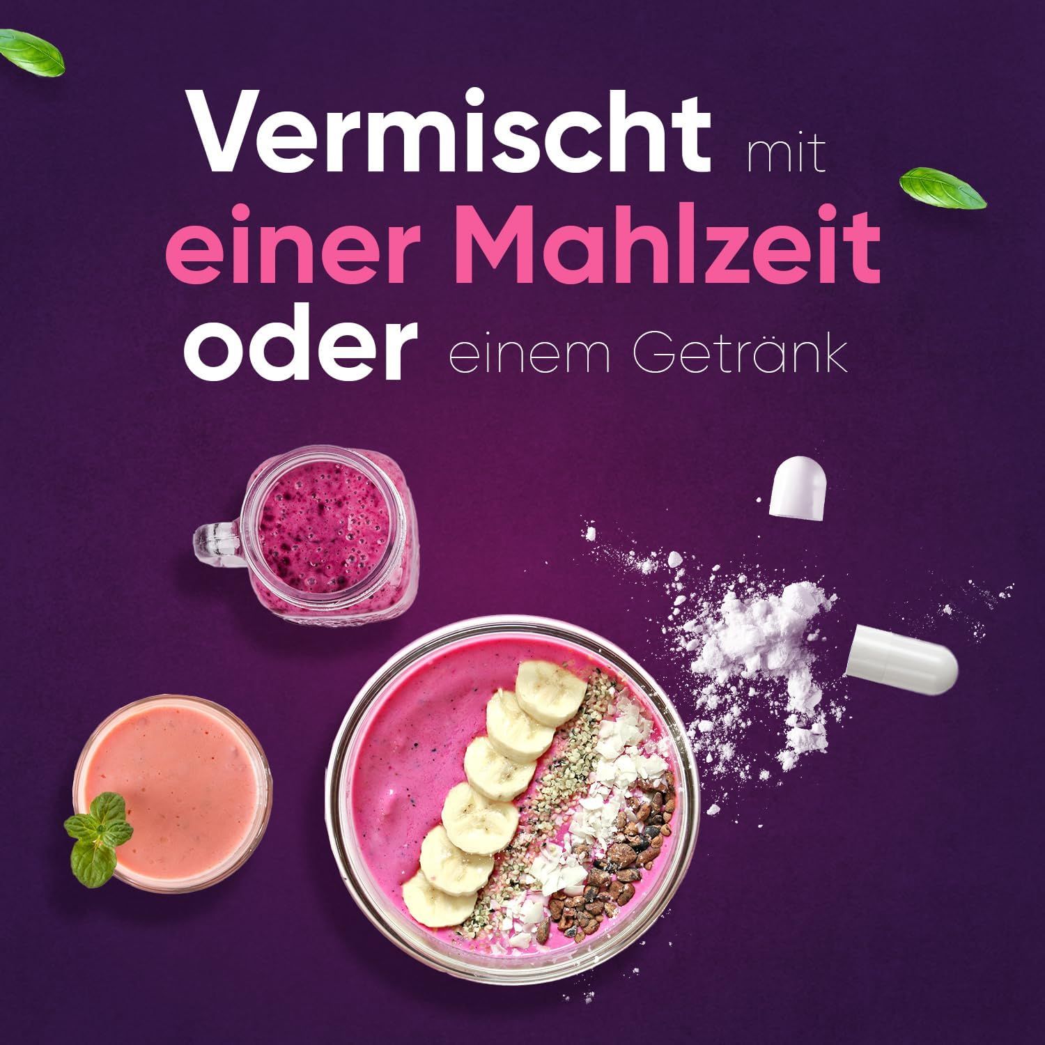 Verschillende kommen met eten. Tekst: Gemengd met een maaltijd of drankje. Capsule en poeder.