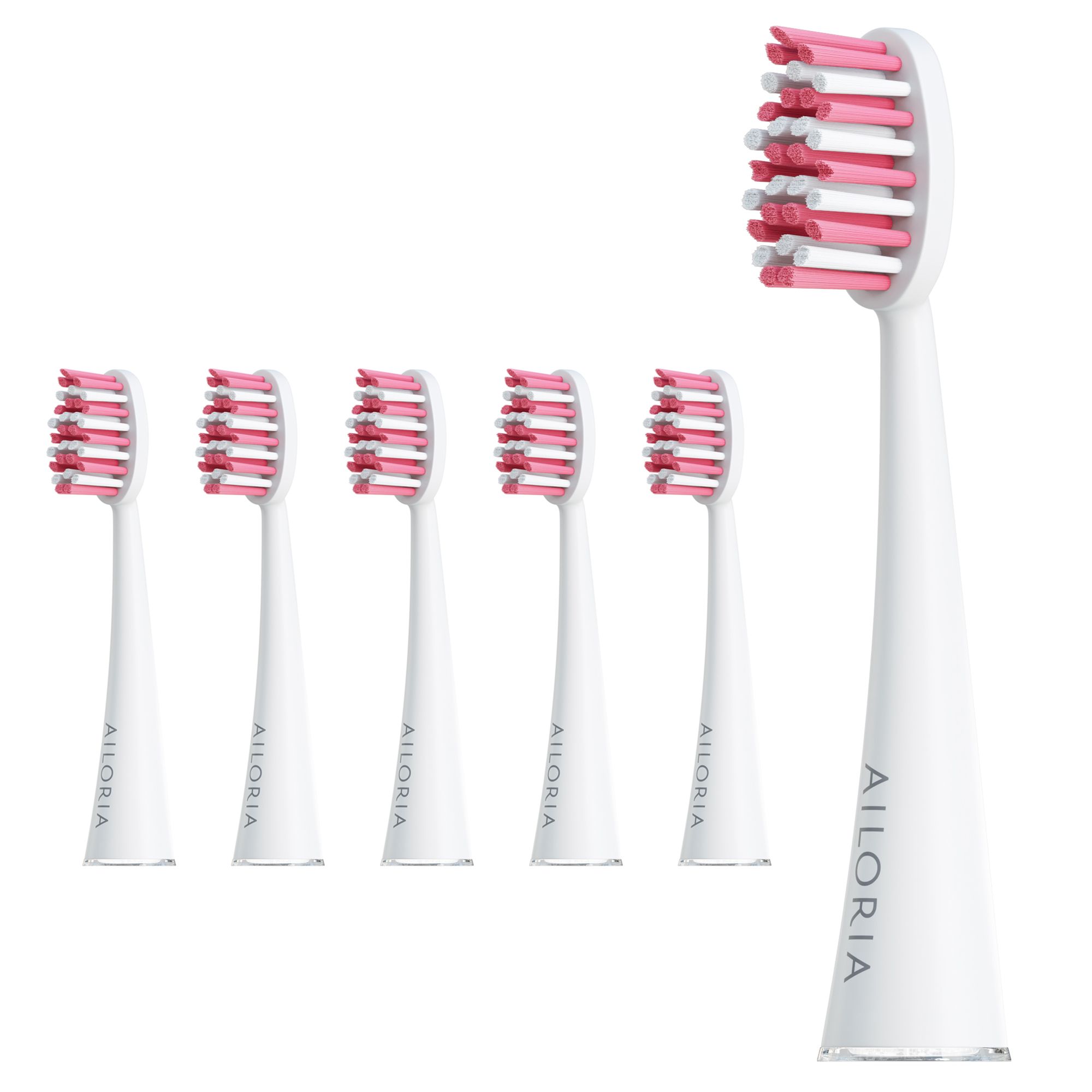 Six têtes de brosse blanches avec des poils roses et blancs. Logo AILORIA sur le manche.