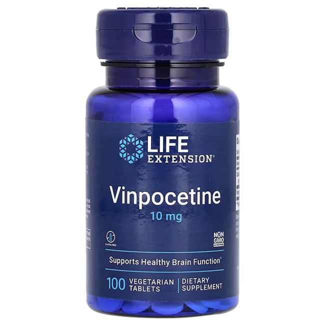 Flacon bleu avec comprimés blancs. Dos avec informations nutritionnelles. Contient de la vinpocétine 10 mg par comprimé.