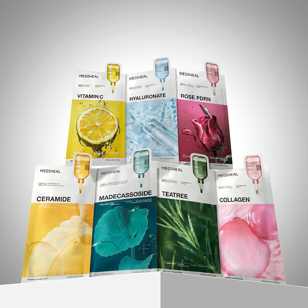 Plusieurs masques en tissu MEDIHEAL en différentes variantes. Emballages avec différents ingrédients.