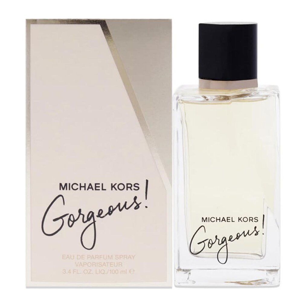 Fles Michael Kors Gorgeous Eau de Parfum met zwarte dop en gouden ring.