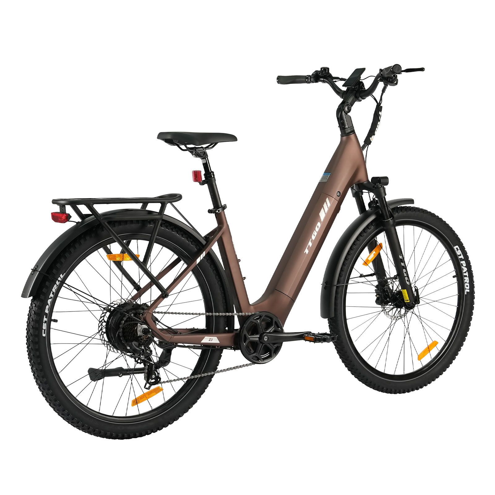 Bruine elektrische fiets met zwarte banden, spatborden en bagagedrager. Hydraulische schijfremmen.