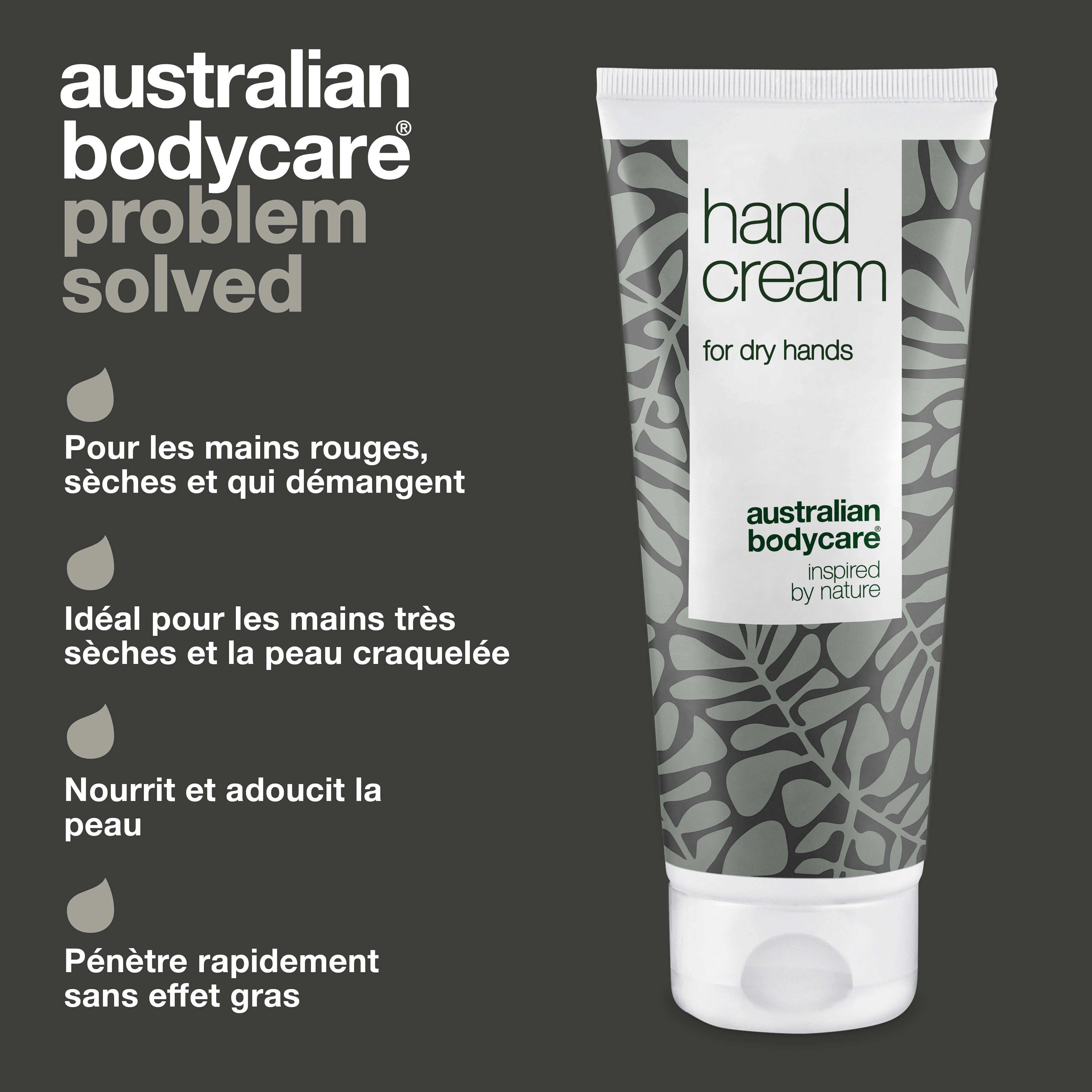 Tube de crème pour les mains et texte. Inscription : Hand Cream, Australian Bodycare.