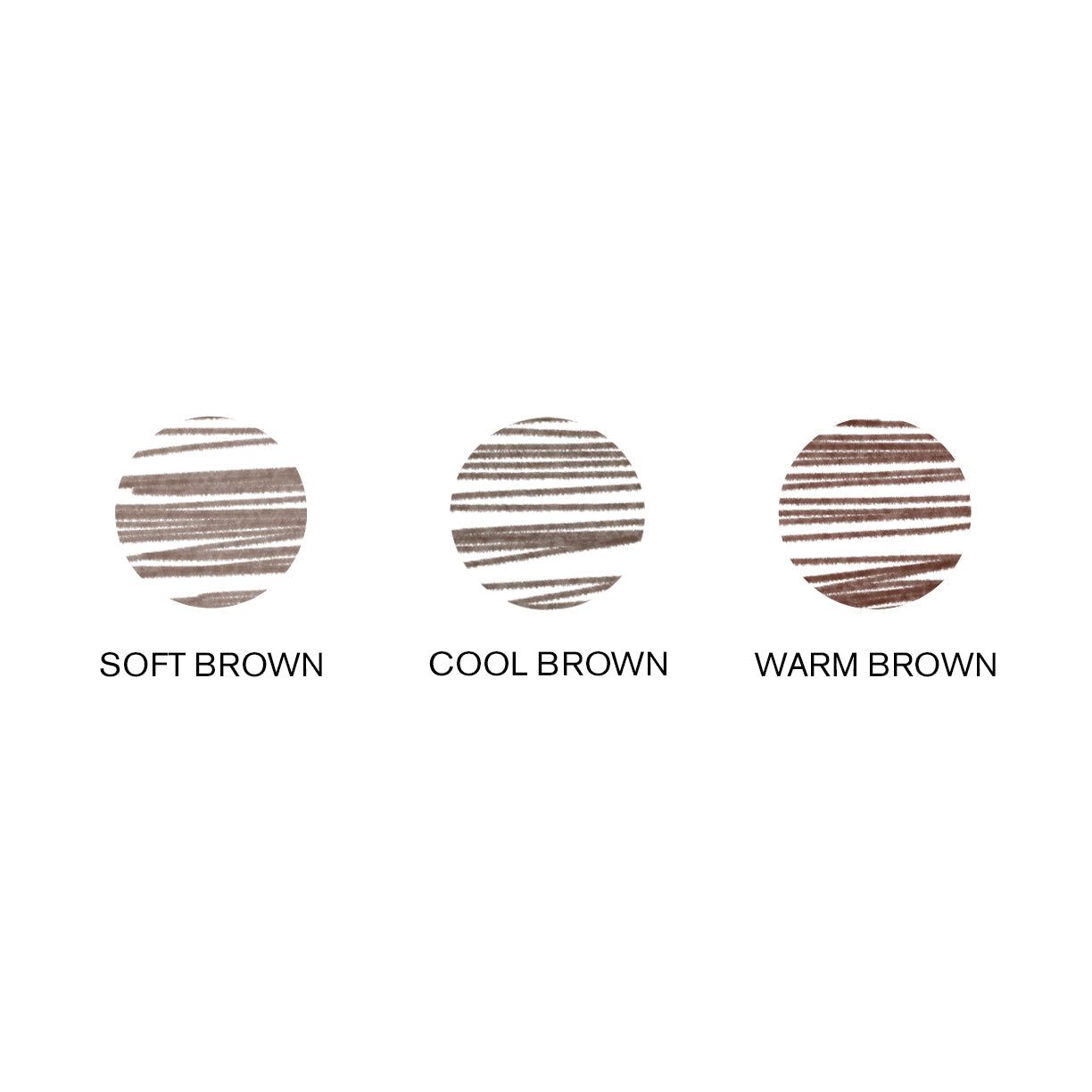 Trois cercles avec échantillons de couleurs : Soft Brown, Cool Brown, Warm Brown. Texte en dessous.