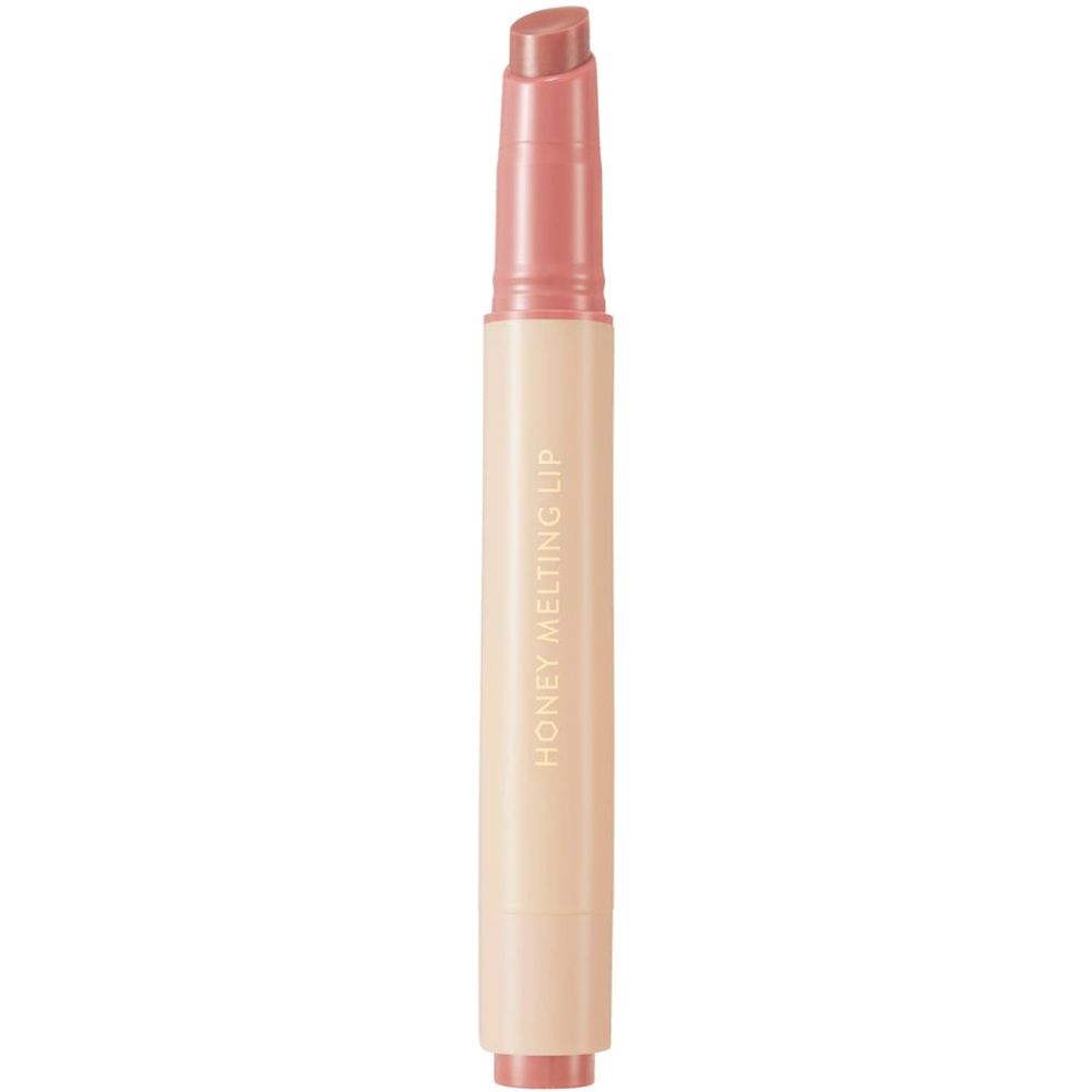 Lipglossstick. Beige huls met roze lipstick. Tekst: HONEY MELTING LIP. Product: NATURE REPUBLIC Honey Melting Lip Gloss.