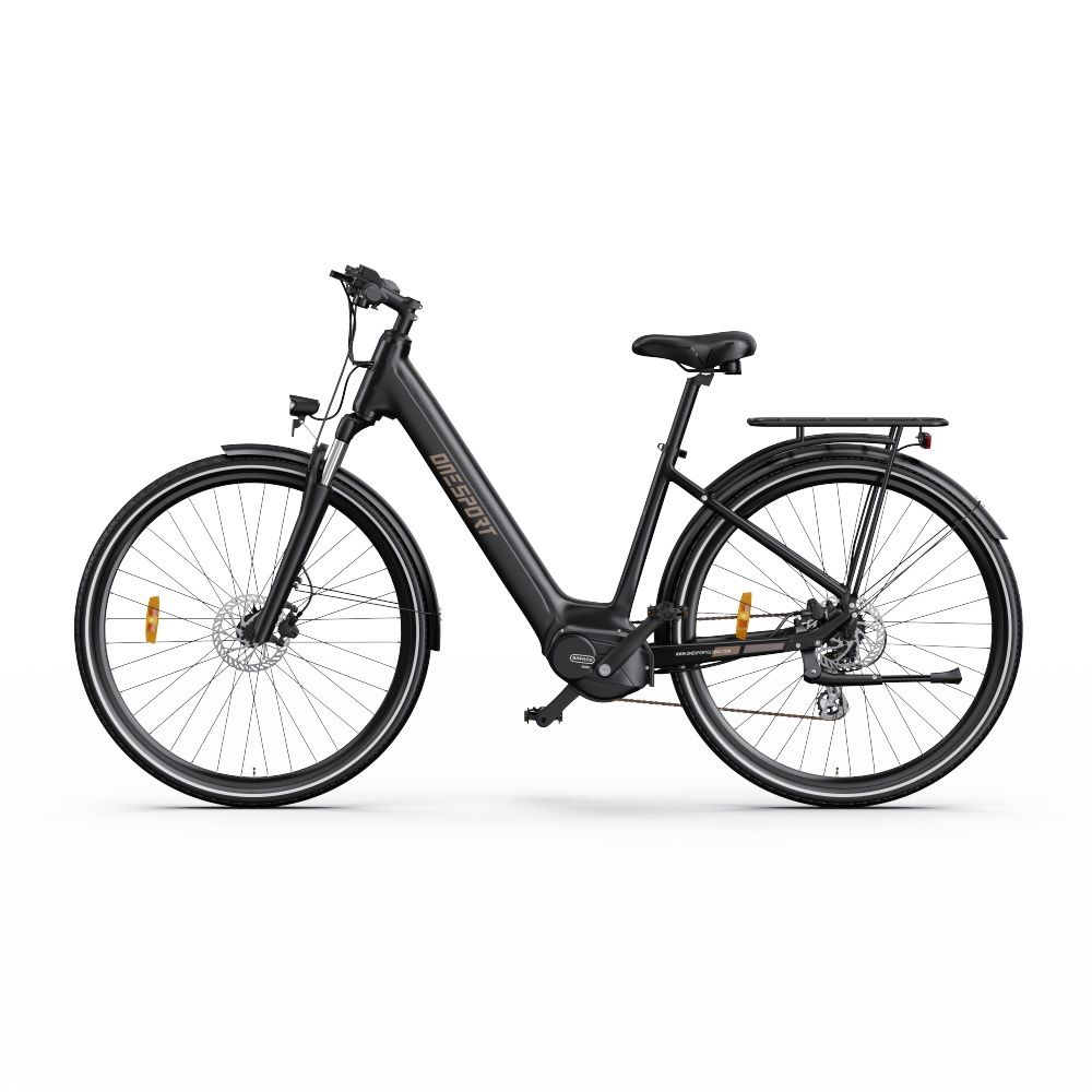 Vélo électrique noir avec moteur central. Roues, selle, porte-bagages et guidon visibles. "ONESPORT" sur le cadre.