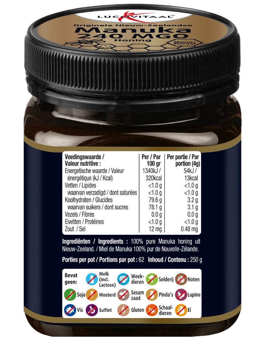 Bruine pot met zwarte deksel. Etiket met voedingswaarde en ingrediënten. Bevat 250 g. Allergenen informatie.