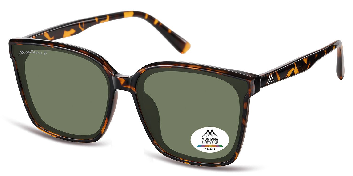 Lunettes de soleil avec monture marron et verres verts. Le logo "MONTANA EYEWEAR POLARIZED" est visible sur un verre.