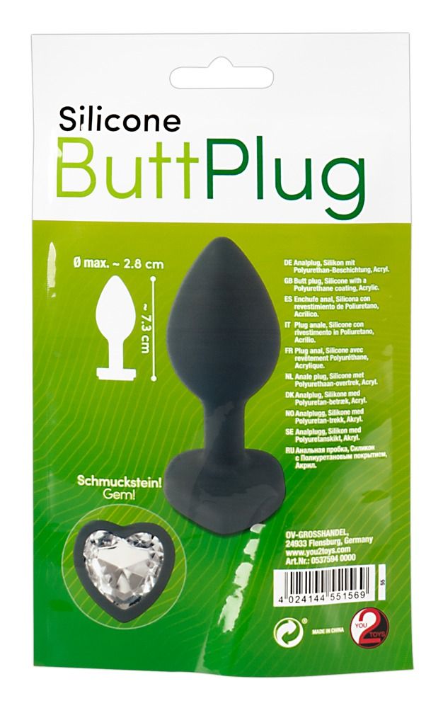 Zwarte siliconen butt plug met hartvormige strass steen, close-up.