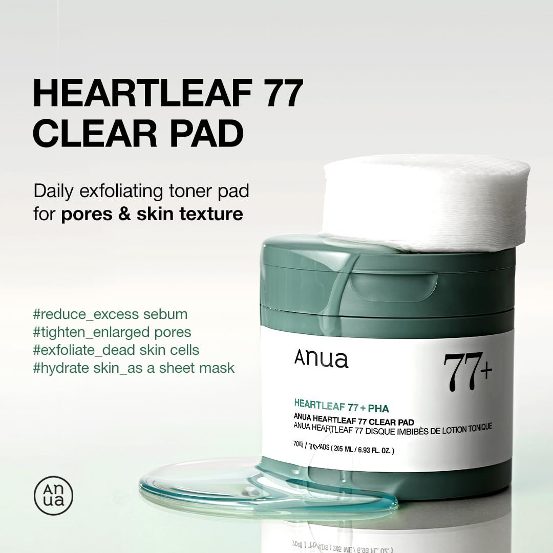 Groene pot met pad. Opschrift: HEARTLEAF 77 CLEAR PAD, Anua, 77+. Een pad ernaast.