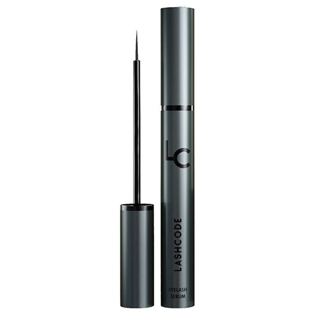 Applicateur gris à pointe fine et son flacon assorti. Inscription "LASHCODE EYELASH SERUM".