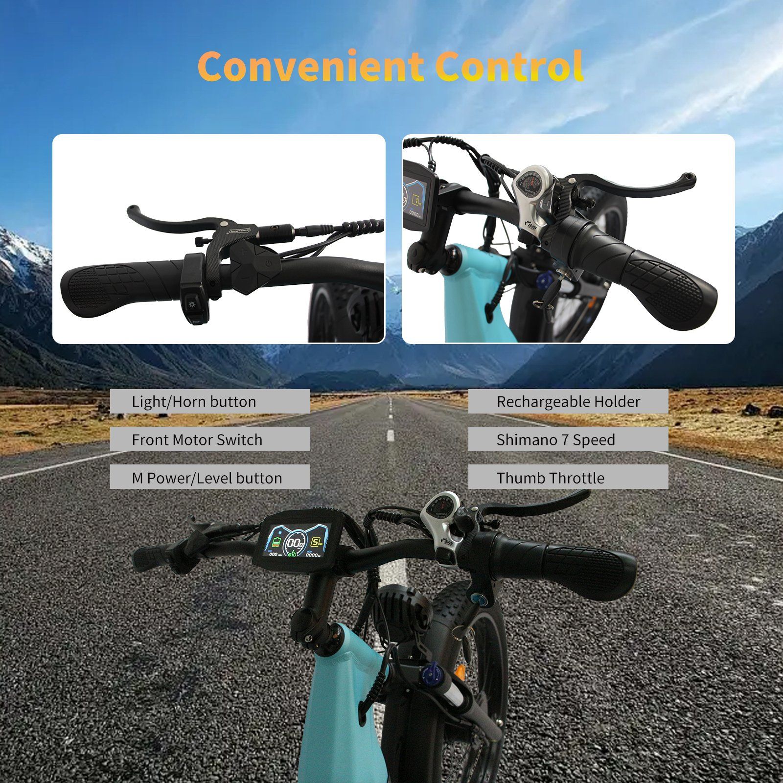 Gros plan du guidon d'un vélo électrique. Légendes: Light/Horn, Front Motor, M Power, Rechargeable Holder, Shimano 7 Speed, Thumb Throttle.