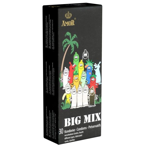Zwarte doos Amor Big Mix. 30 condooms. Cartoon illustraties van condooms. Tekst in het Duits, Engels en Frans.
