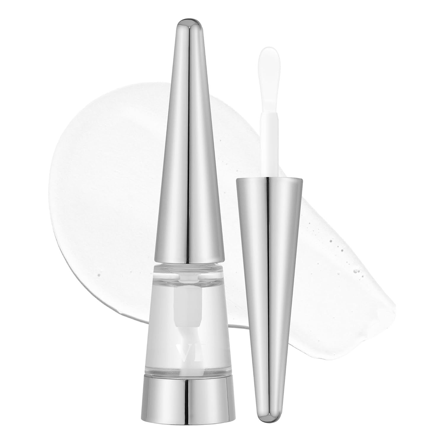 Een lip-plumper flacon met applicator. Zilverkleurige dop, transparante houder. Product en applicator.