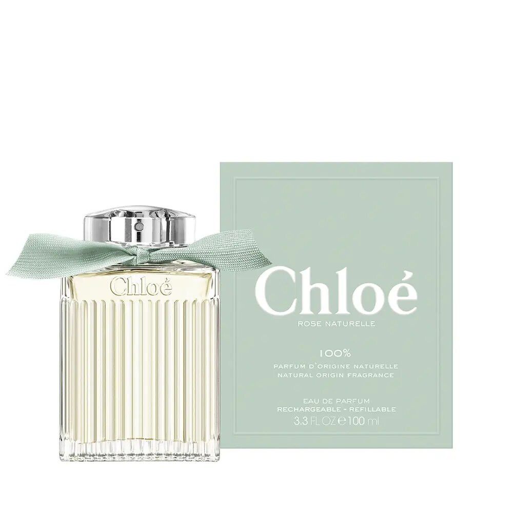 Chloé Rose Naturelle E.d.P. Nat. Spray Navulbaar. Flesje met groen lint en verpakking. Tekst: Chloé, 100%.