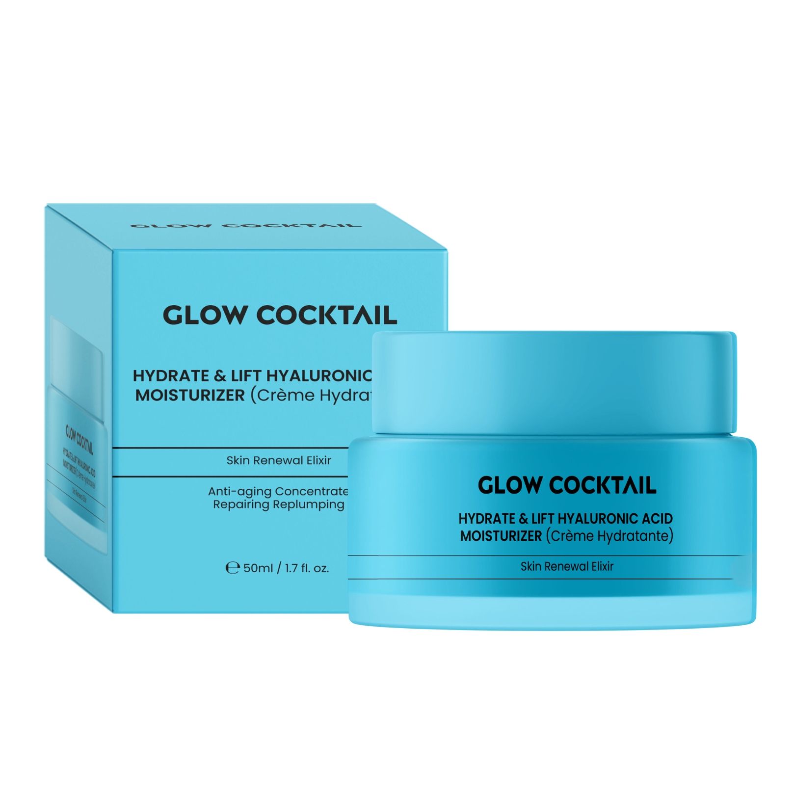 Pot et boîte bleus clairs. Inscription : Glow Cocktail, Hydrate & Lift Hyaluronic Moisturizer. 50ml/1.7oz.
