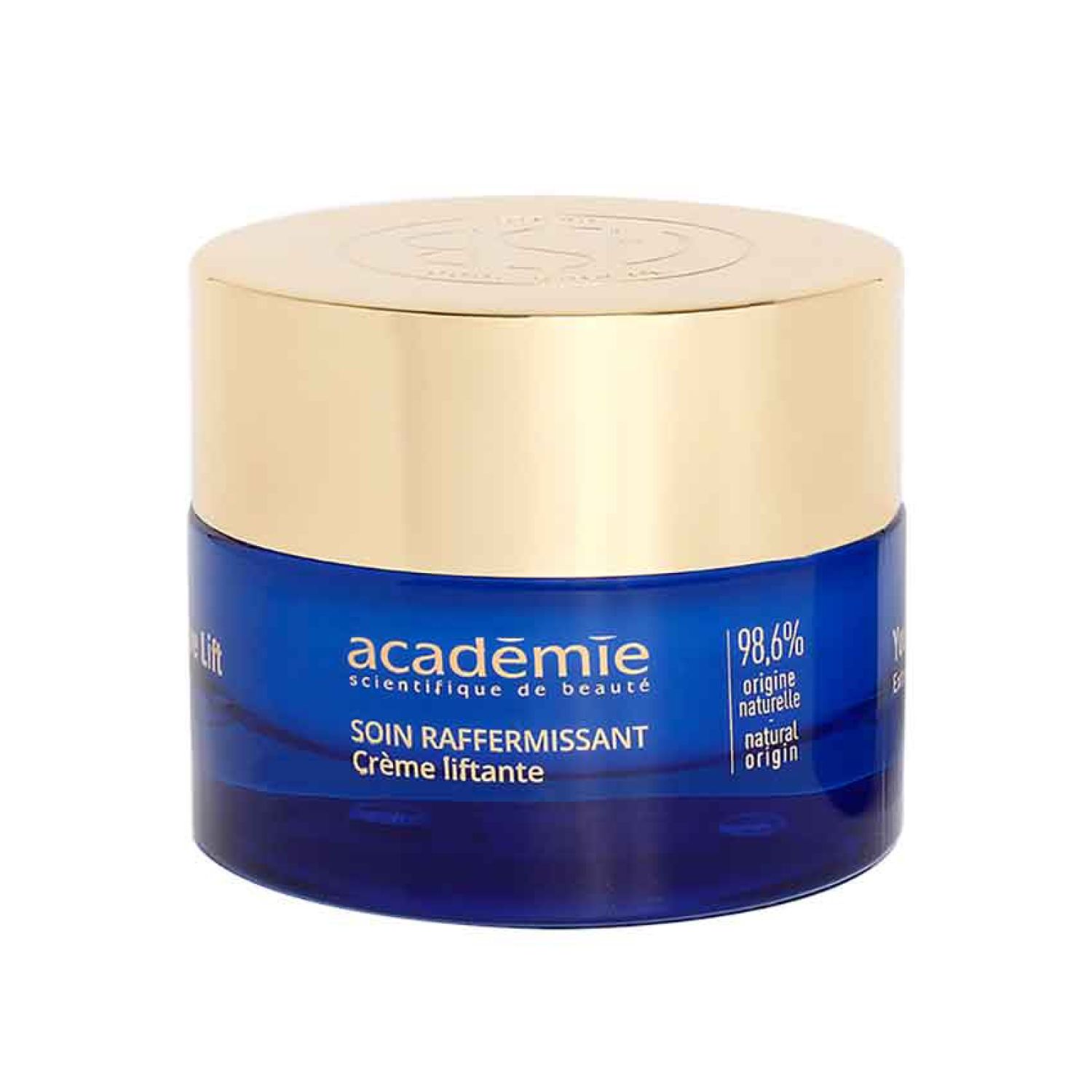 Academie crème: Blauwe pot met gouden deksel. Bevat 98,6% natuurlijke oorsprong.
