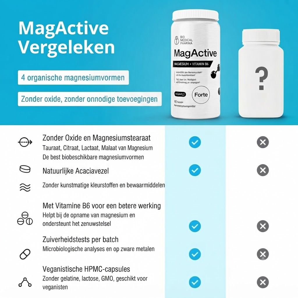 Vergelijking van twee MagActive magnesiumpreparaten: één met gedetailleerde ingrediënten, de ander met een vraagteken.