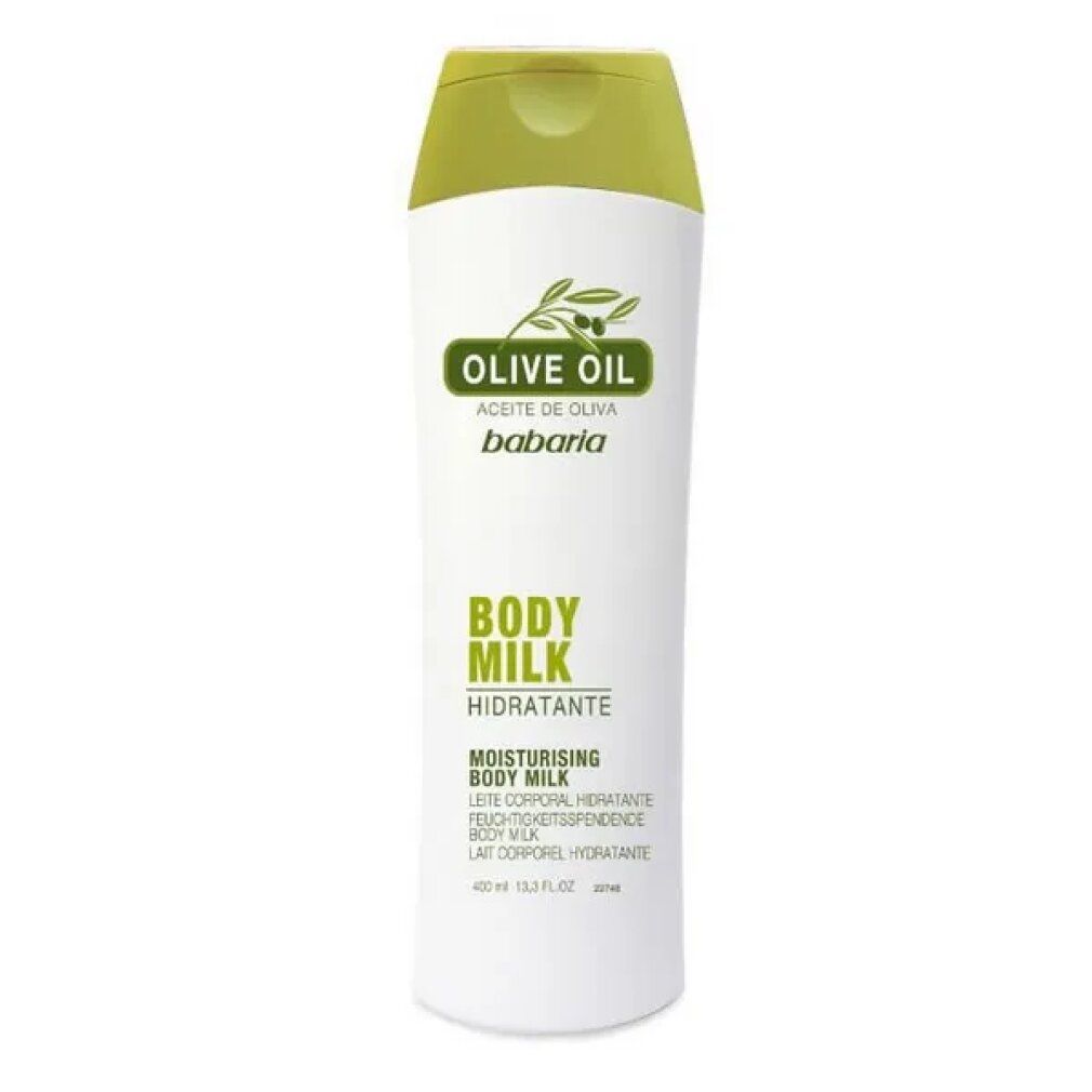 Witte fles Babaria Body Milk met opschrift Olive Oil en groene fliptop dop.