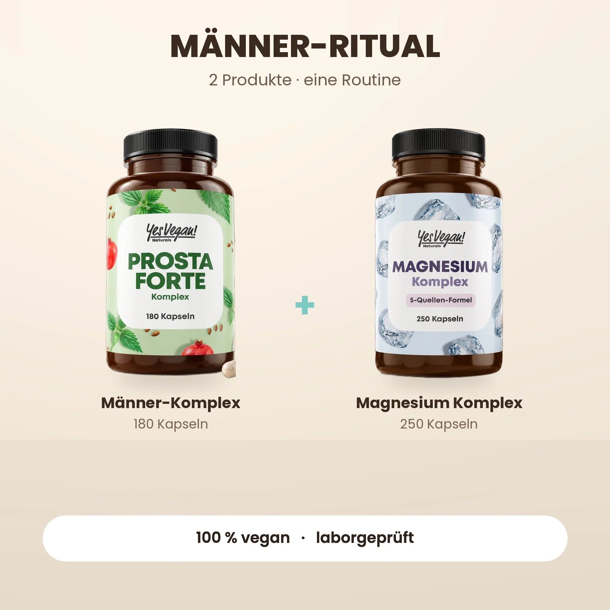 Bruine capsulefles met 'Prosta Komplex' etiket, 200 capsules. Groene hangende labels met productinformatie.