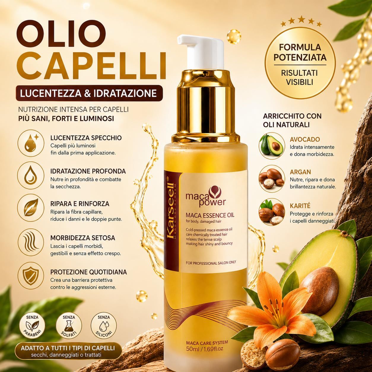 Gouden fles haar essence olie, merk Karsee, met avocado, argan en karité symbolen.