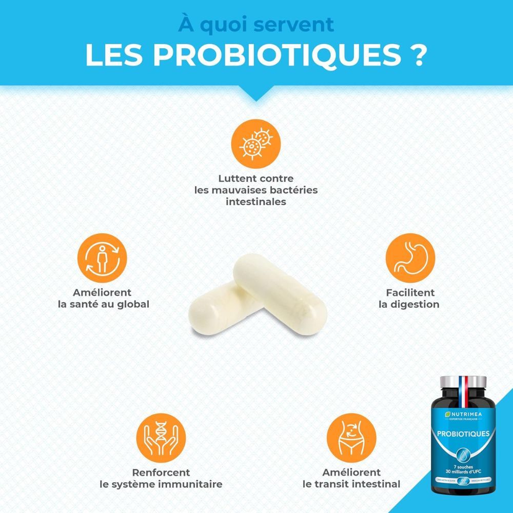 Deux gélules blanches. Diagramme des bienfaits des probiotiques : immunité, digestion, santé intestinale.