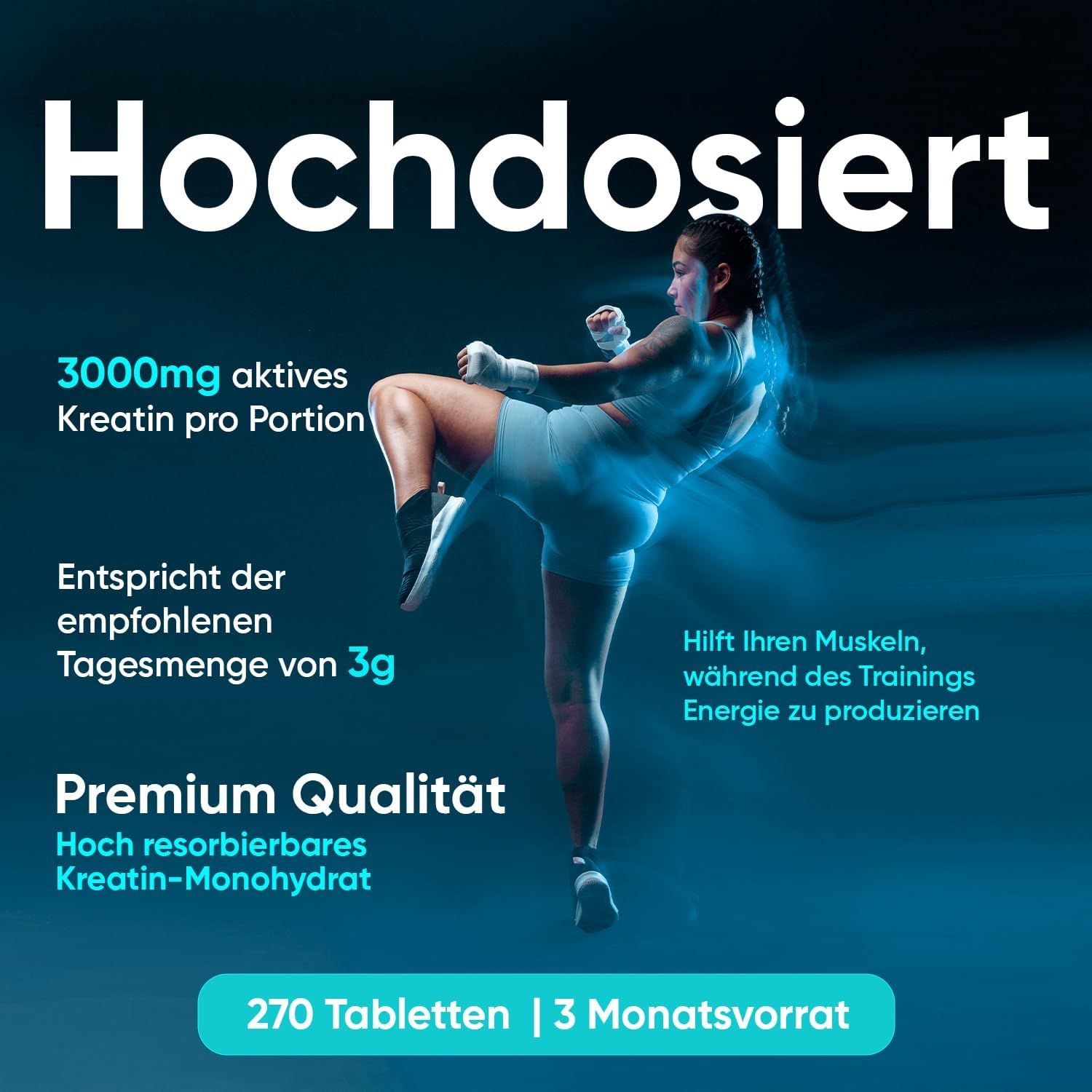 Publicité avec une athlète. Texte : 3000mg de créatine active par portion. 270 comprimés. 3 mois d'approvisionnement. Qualité supérieure.