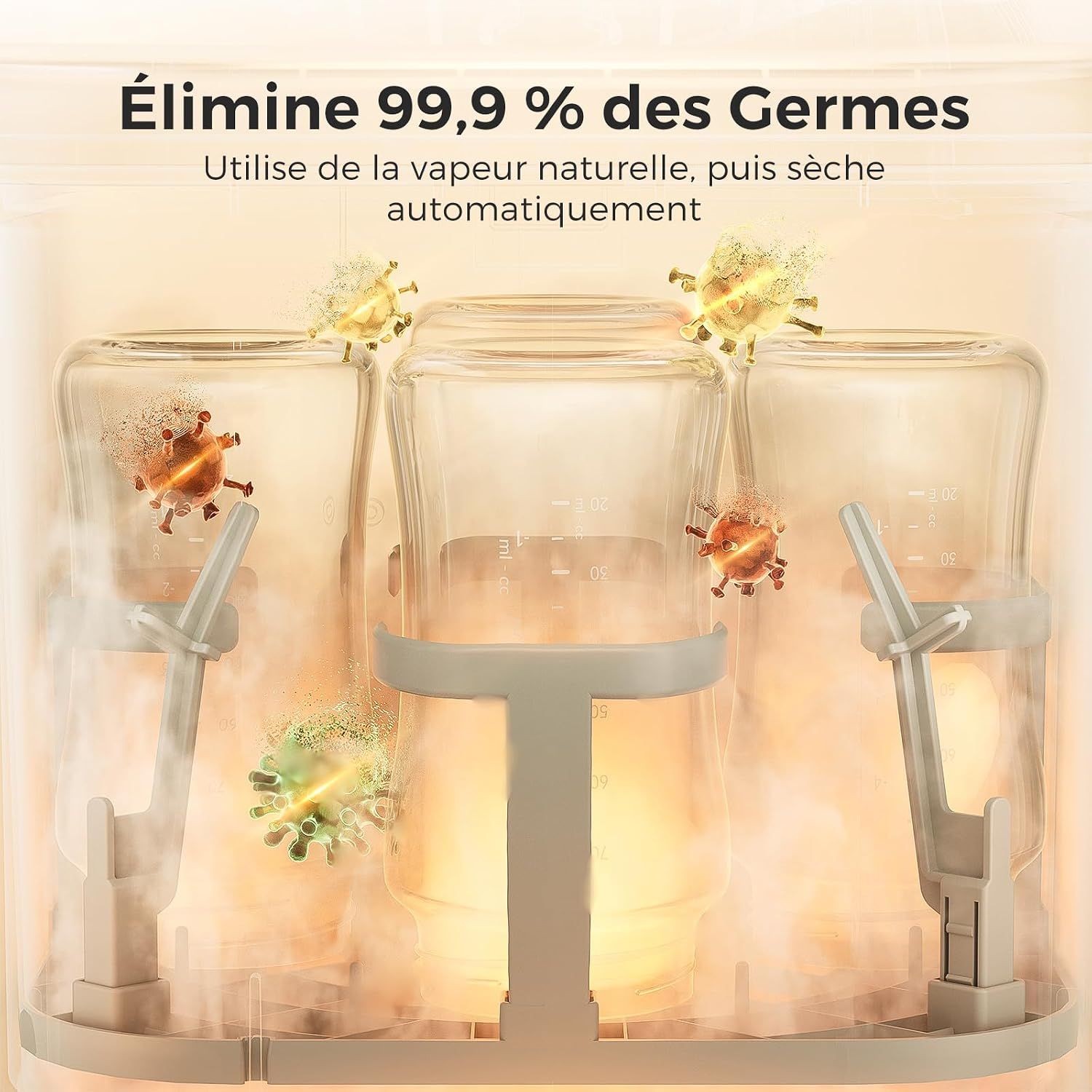 Stérilisateur à vapeur avec des verres et des germes stylisés entourés de vapeur.