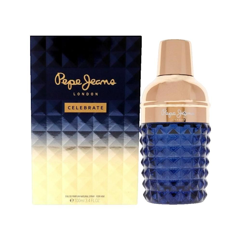 Parfumfles en verpakking. Fles blauw met gouden dop. Verpakking blauw-goud met logo "Pepe Jeans".