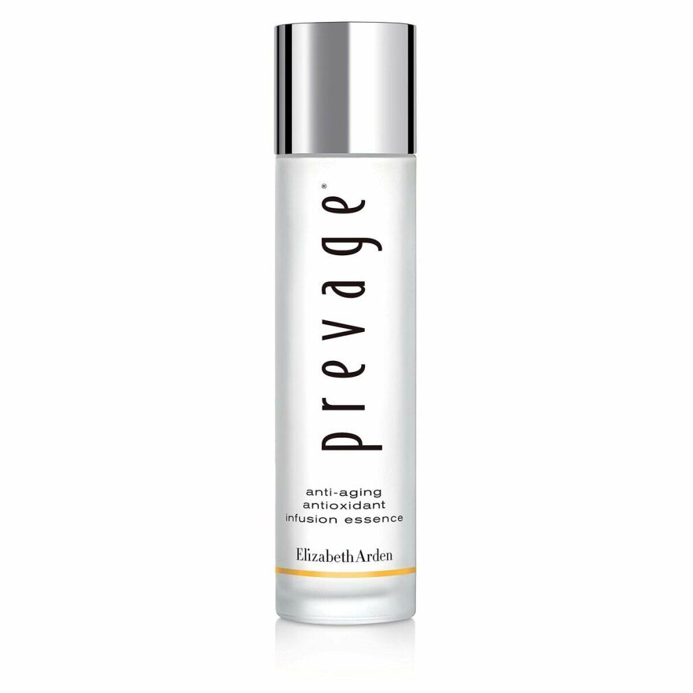 Flacon cylindrique avec bouchon argenté. Inscription : Prevage, Anti-Aging Antioxidant Infusion Essence. Marque : Elizabeth Arden.