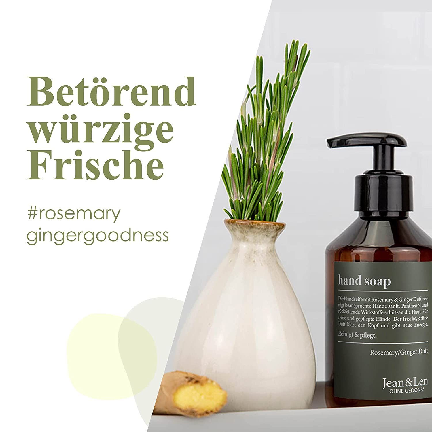 Savon pour les mains avec romarin et gingembre dans un vase, à côté d'un flacon de savon pour les mains. Texte : Betörend würzige Frische.