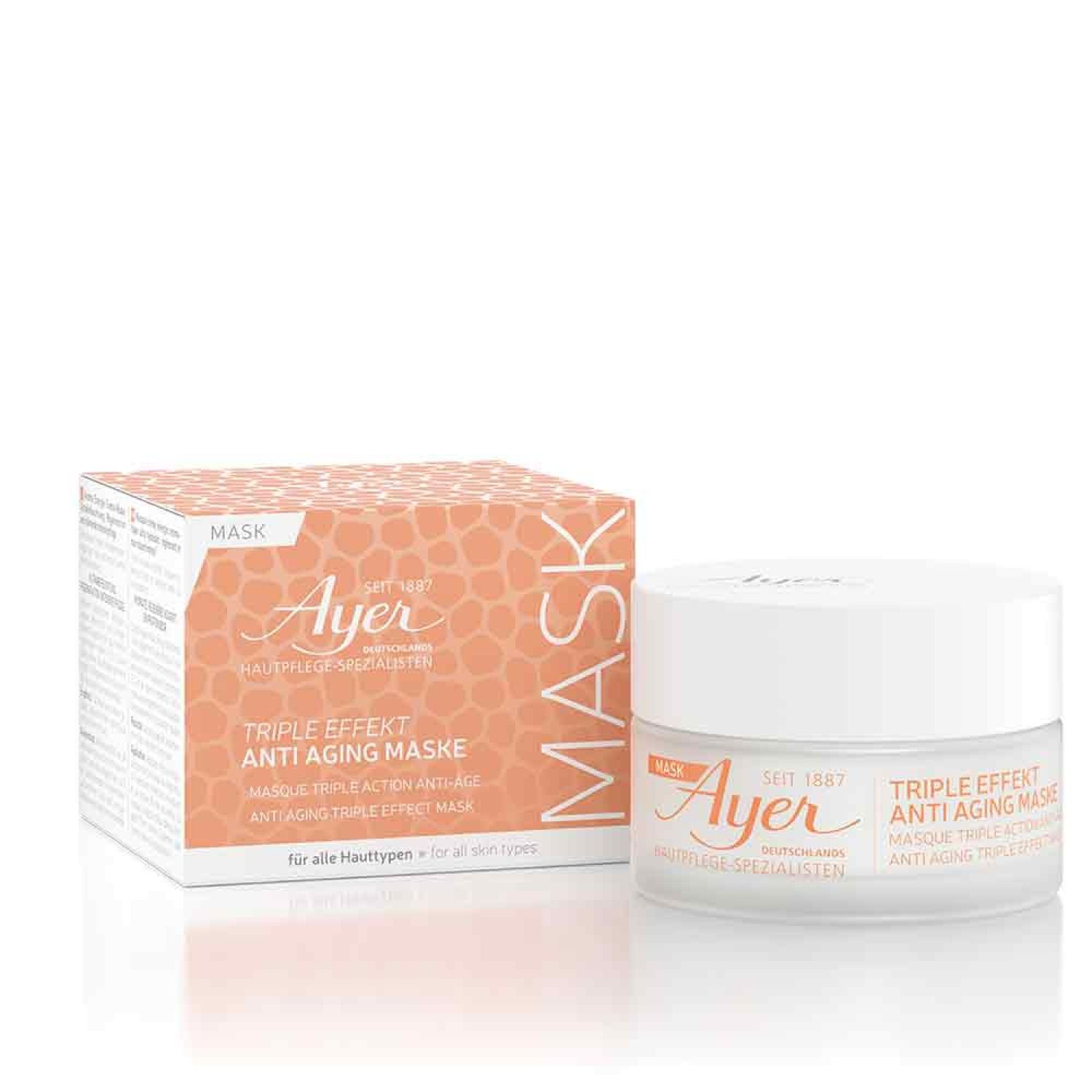 Crèmepot en doos. Opschrift: Ayer, Triple Effect Anti Aging Maske. Voor alle huidtypen.