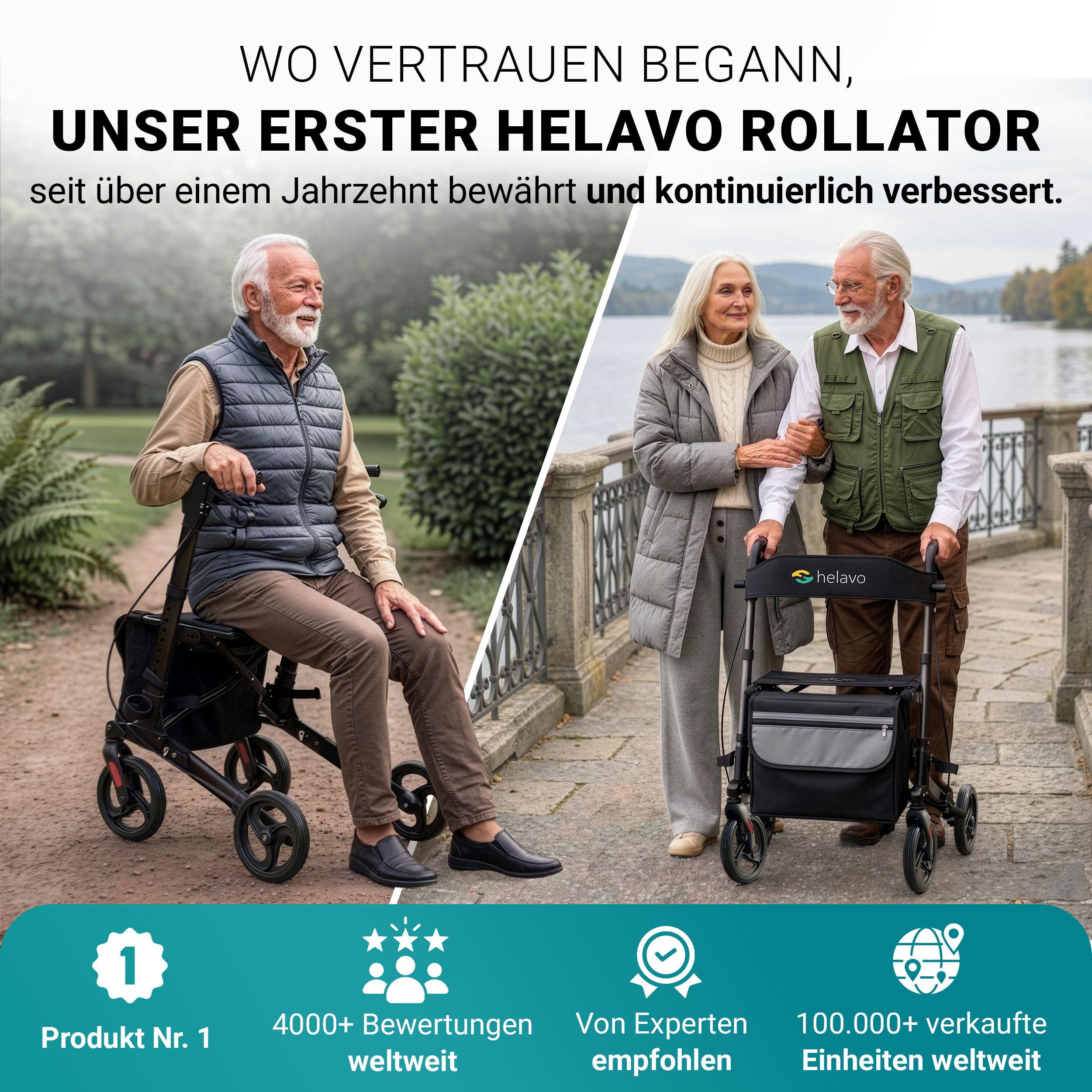 Rollator Helavo en extérieur avec un couple âgé. Informations produit en bas.