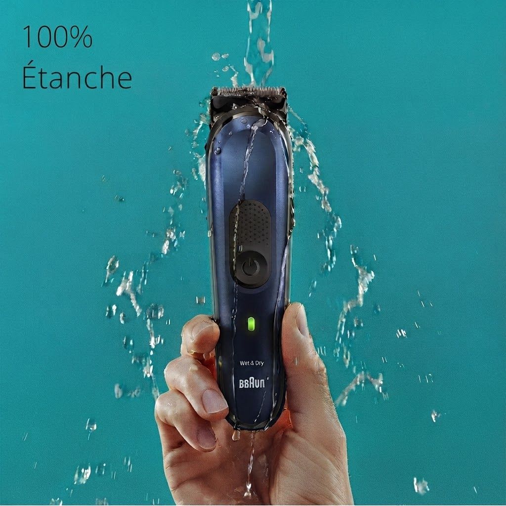 Rasoir Braun bleu foncé avec indicateur de charge vert, sous l'eau.