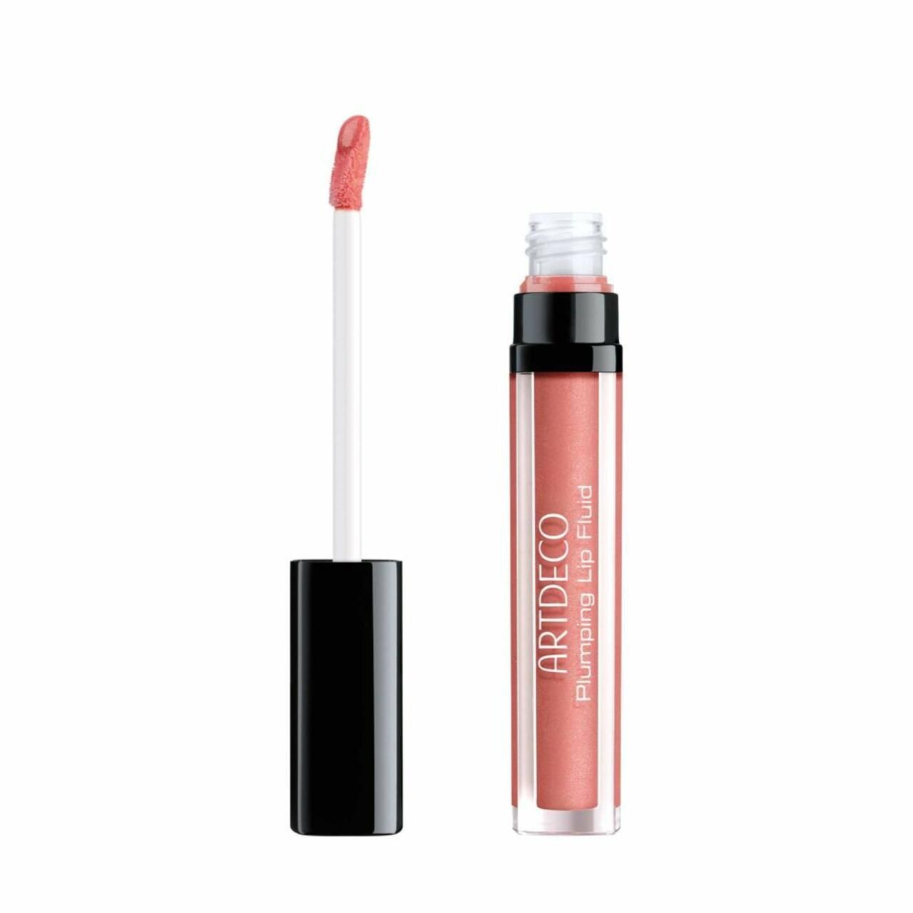 Artdeco Plumping Lip Fluid. Transparante tube met zwarte dop. Applicator met roze vloeistof. Productnaam op de tube.