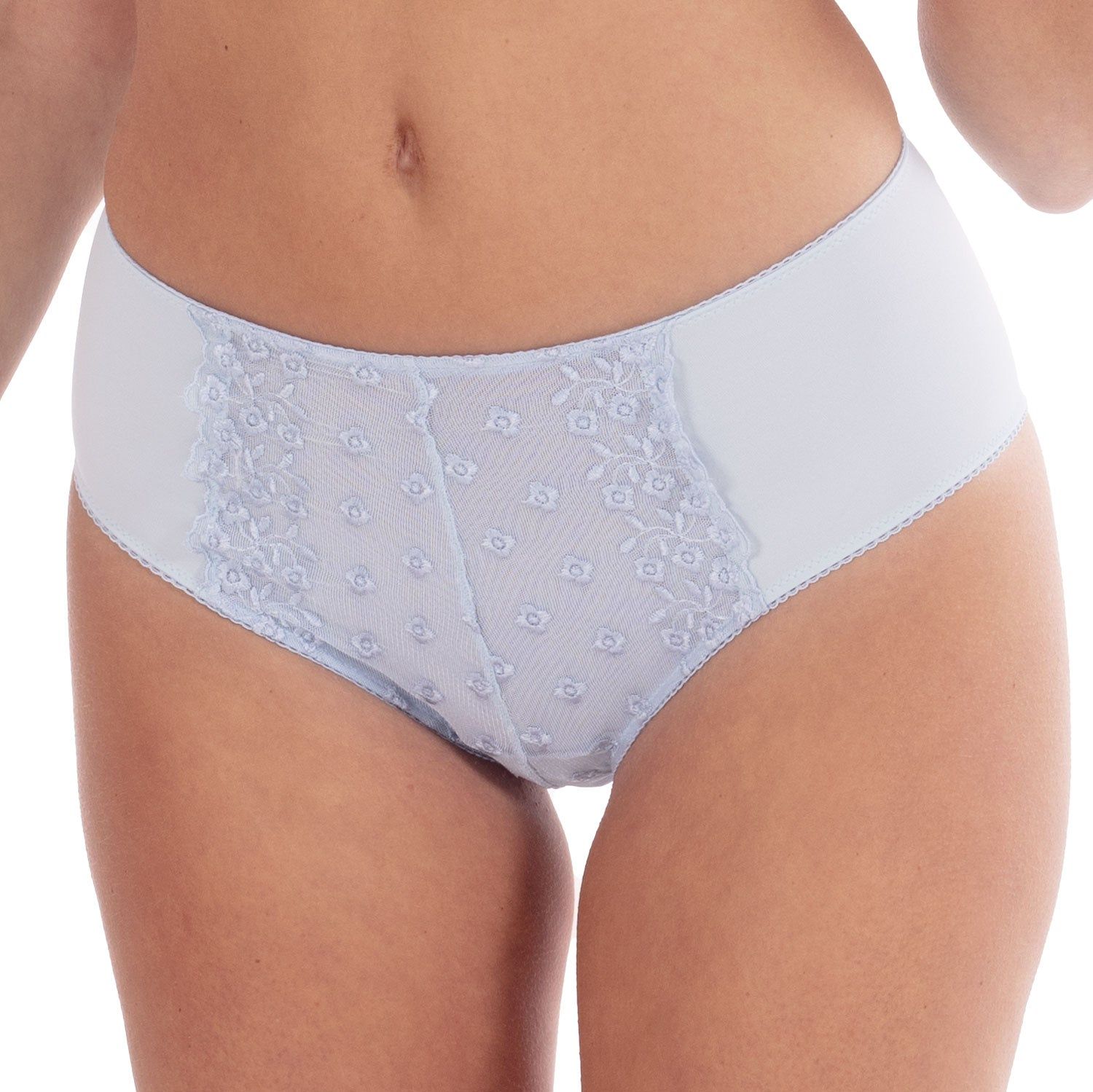 Culotte bleu clair avec motif floral et dentelle. Motifs floraux sur la partie centrale, bordure en dentelle sur les bords.
