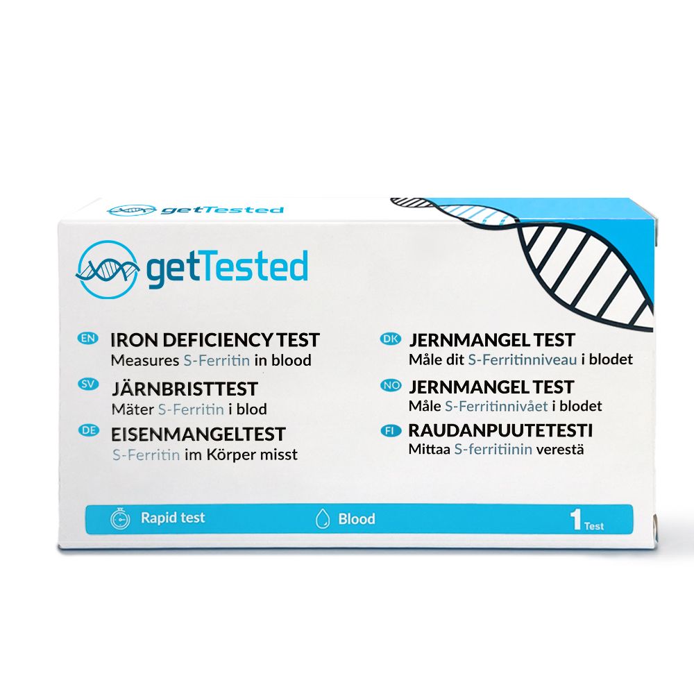 Witte doos met blauw deksel. Bevat tekst in meerdere talen, waaronder 'IJzertekorttest'. Logo en snelle testindicatie.