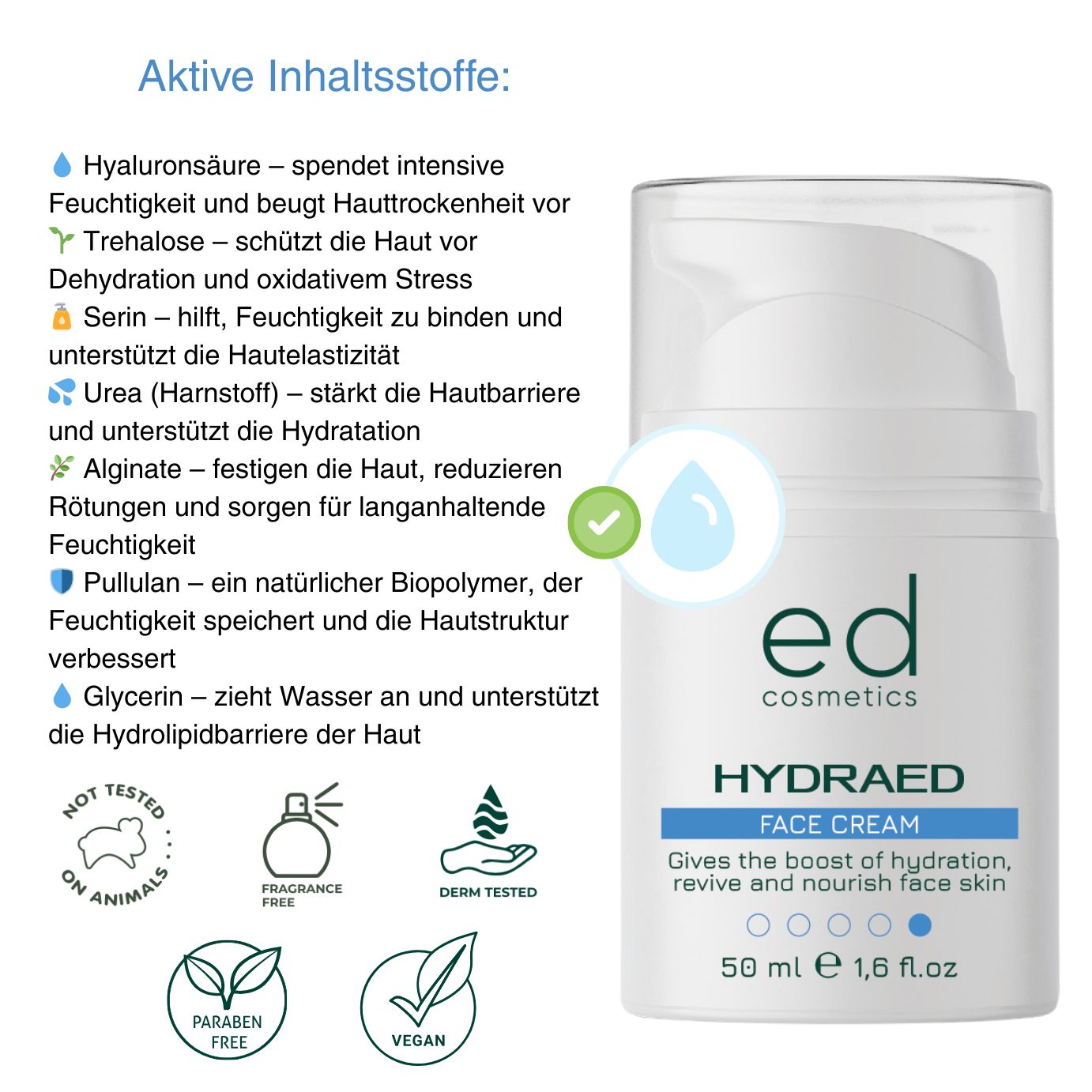 Flacon de crème blanc avec pompe. Inscription: ed cosmetics, HYDRAED FACE CREAM. Ingrédients: acide hyaluronique, tréhalose, etc.