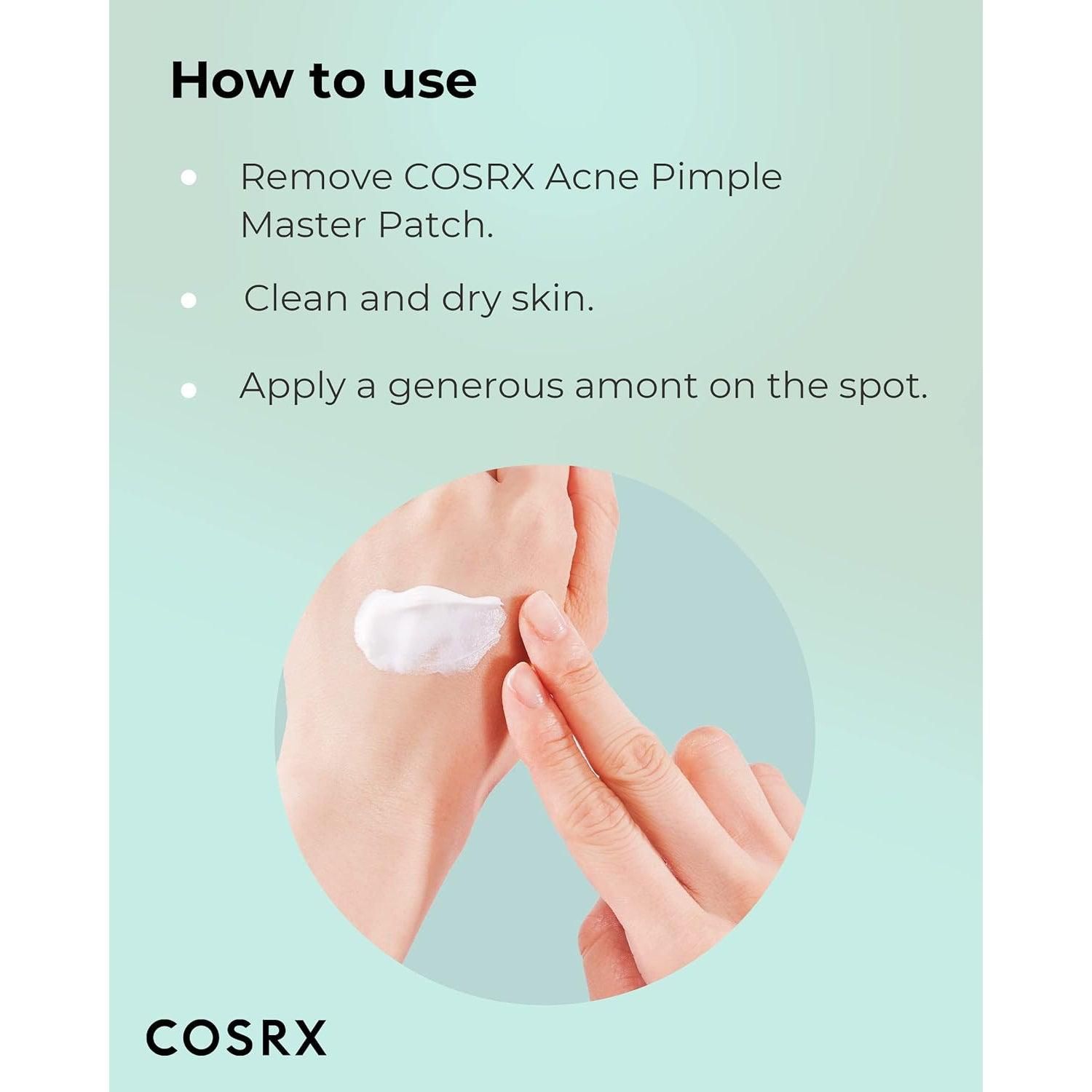 Hand met crème. Tekst: Apply a generous amount on the spot. COSRX logo. Crème op de vinger.