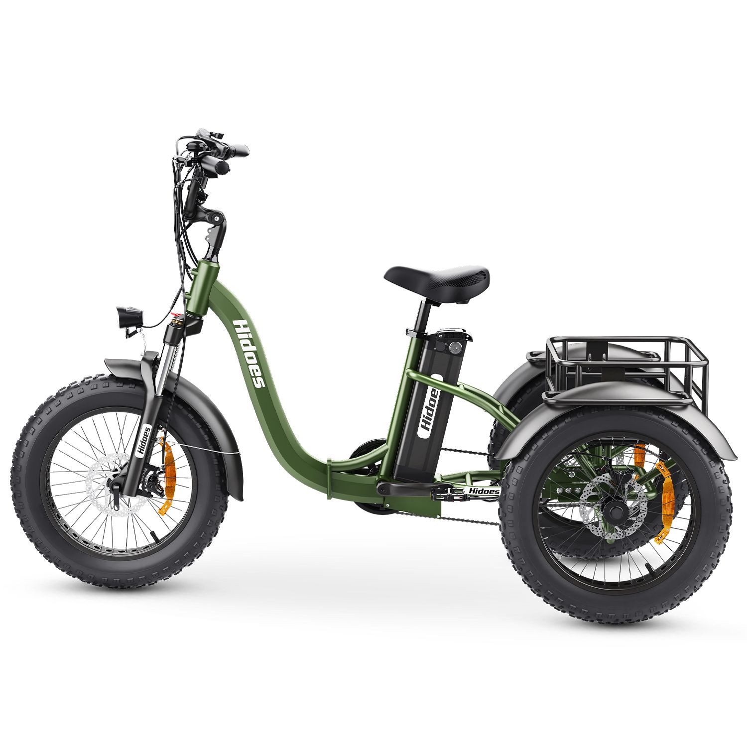 Tricycle électrique vert avec panier noir, pneus et siège. Marque : Hidoes. Batterie amovible.