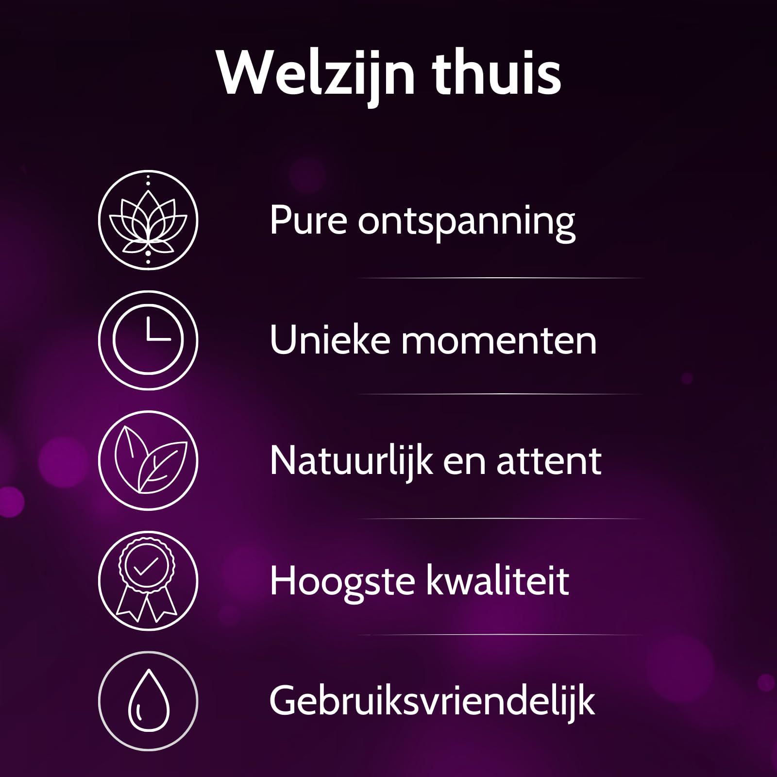Grafiek met iconen: Lotus, klok, bladeren, medaille, druppel. Tekst: "Kwaliteit en diversiteit", "Gemaakt van natuurlijke grondstoffen", "Ontwikkeld in Duitsland".