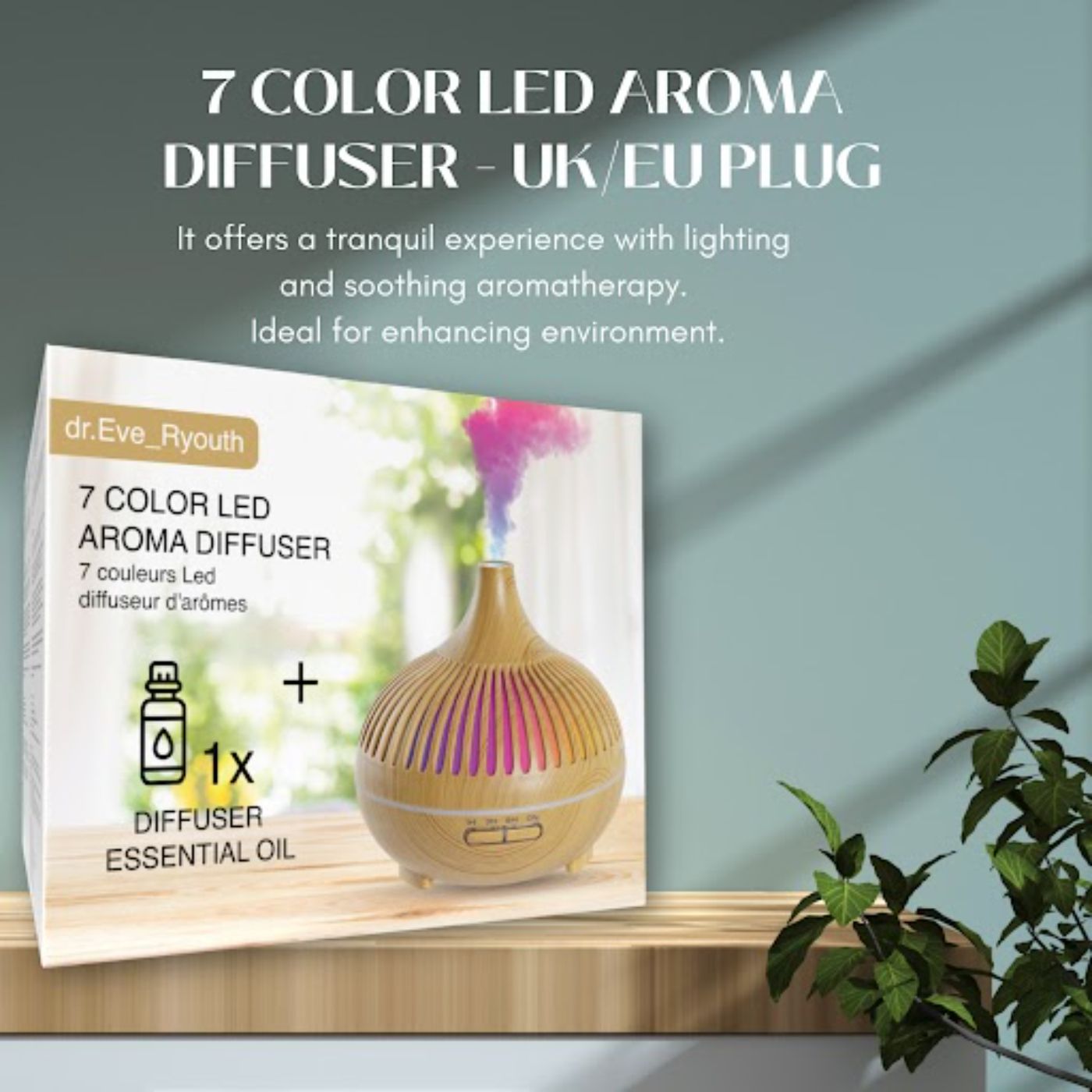 Emballage d'un diffuseur d'arômes LED 7 couleurs avec huile essentielle.