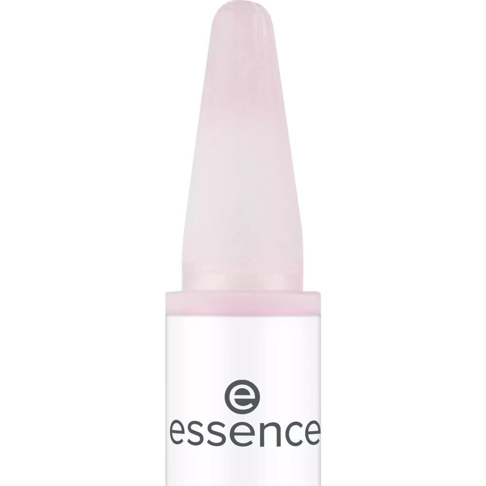 Applicateur de colle à ongles, contenant blanc avec embout rose. Logo Essence en bas.