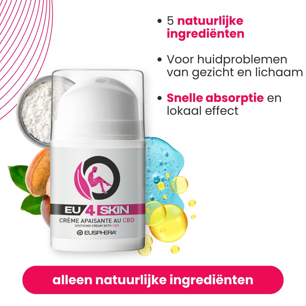 EU4SKIN crème met ingrediënten. Tekst: 5 natuurlijke ingrediënten. Snelle absorptie. Alleen natuurlijke ingrediënten.