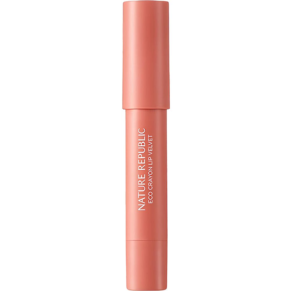 Rouge à lèvres rose avec capuchon. Inscription NATURE REPUBLIC ECO CRAYON LIP VELVET.