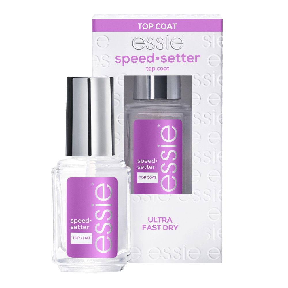 Essie Speed-Setter Top Coat. Flesje met zilveren dop en paars etiket. Verpakking met productafbeelding en tekst.