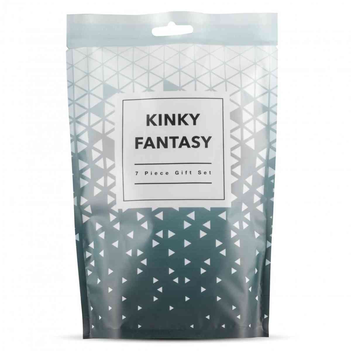 Sac cadeau "Kinky Fantasy" et "7 Piece Gift Set". Motif de fond avec des triangles.