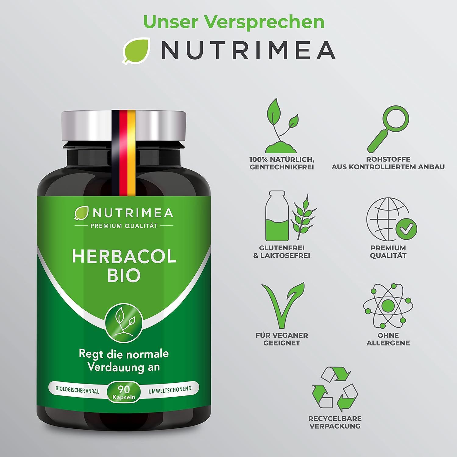 Bouteille HERBACOL BIO avec icônes: naturel, sans OGM, culture contrôlée, sans gluten, végétalien, sans allergènes, recyclable. 90 gélules.